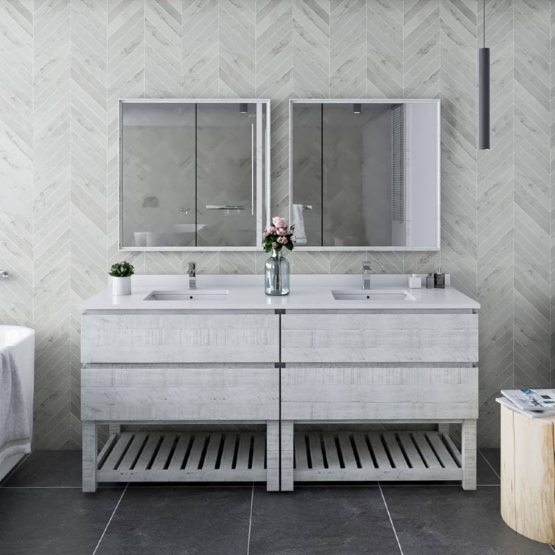 Formosa 72" Rustic White Double Sink Vanity, Open Bottom Shelf, Faucet Fft3111bn