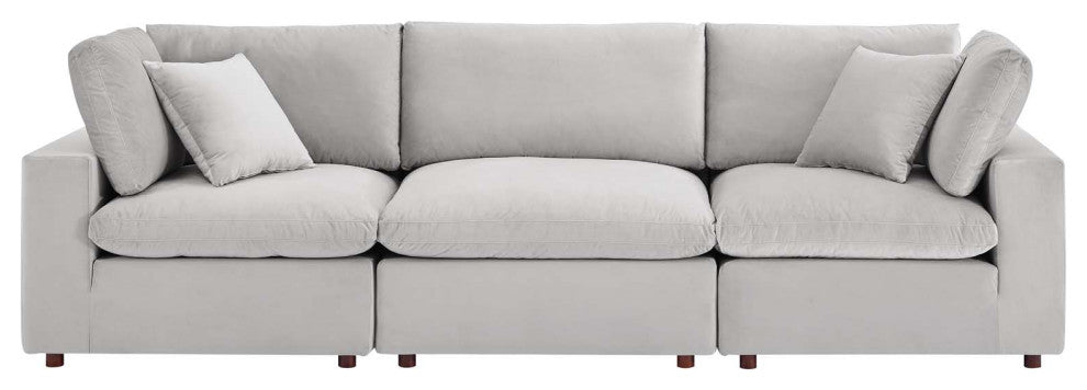 Commix Down Filled Overstuffed Performance Velvet 3-Seater Sofa Light Gray
