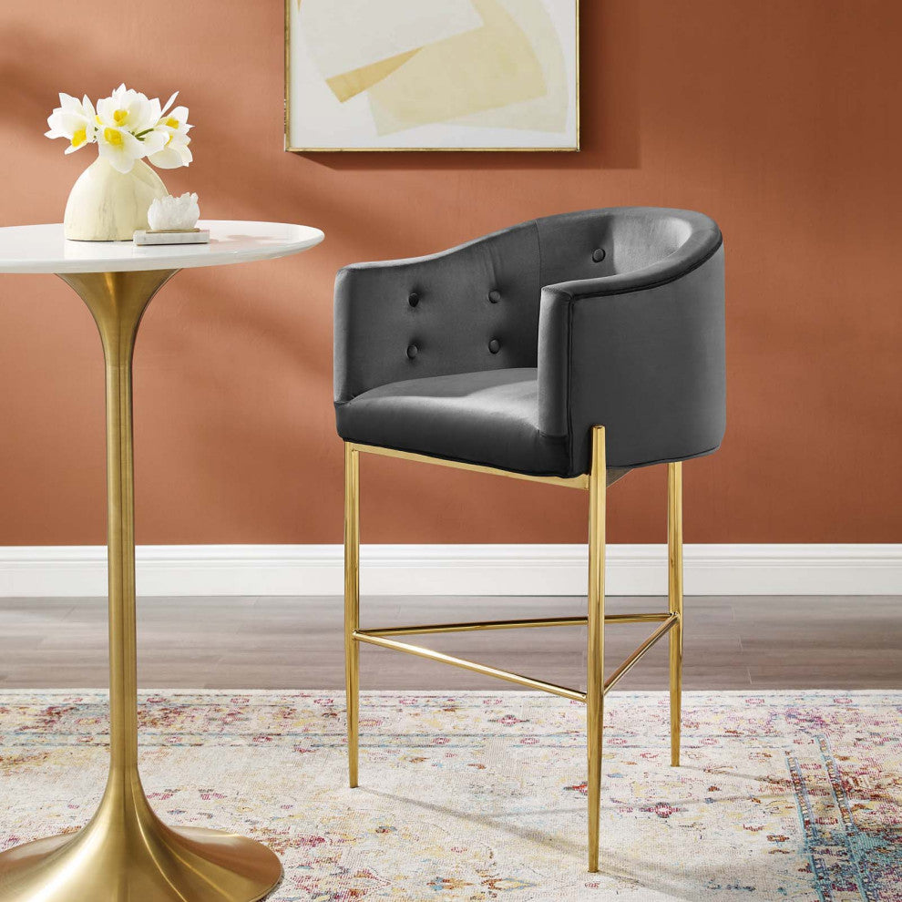 Tufted Bar Stool Chair Barstool, Velvet, Metal, Dark Gray, Modern, Bar Pub
