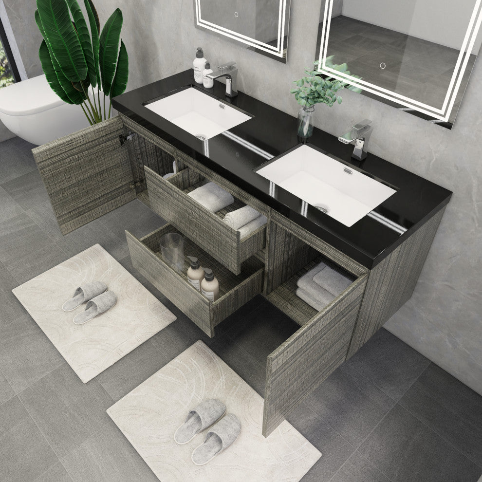 Belli 60" Double Sink Wall Mount Vanity Set, High Gloss Ash Gray, Matt Black Top
