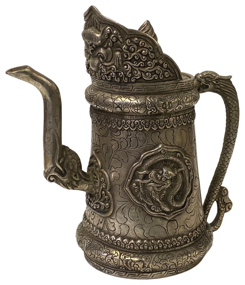 Chinese Handmade Metal Silver Color Dragons Vase Teapot Jar Display Hws1830