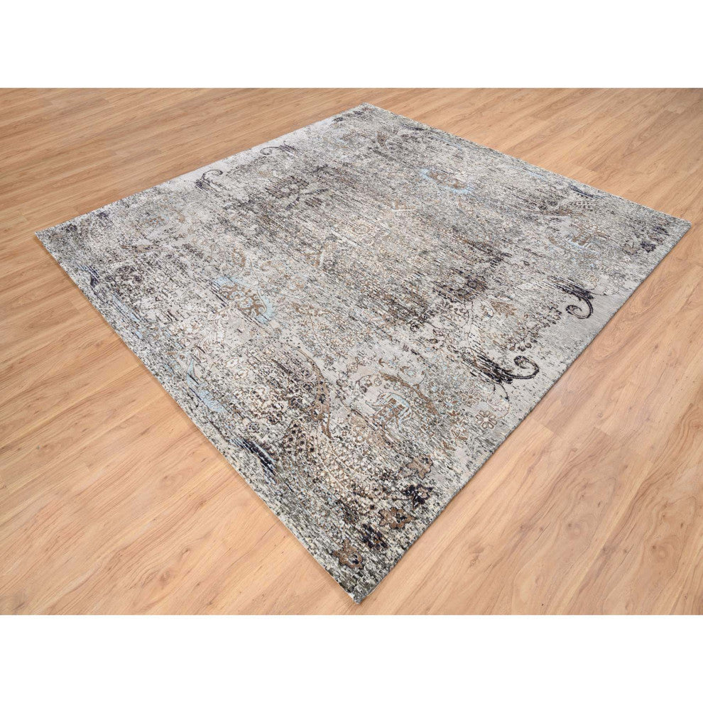 Gray, Hand Knotted, Modern, Silk with Textured Wool, Square Rug, 8'0" x 8'1"
