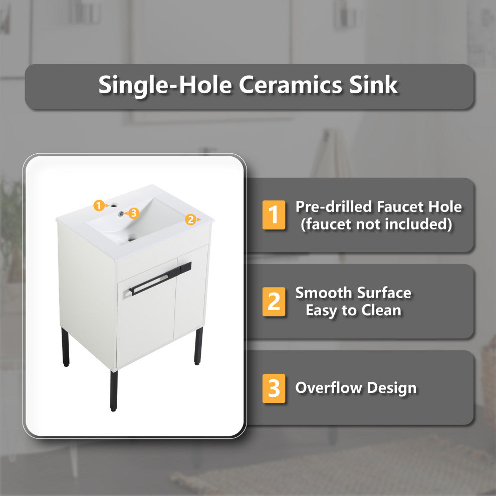 Freestanding/Floating Bathroom Vanity With white Ceramics Top, White, 24"