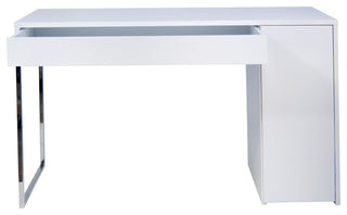 Modern White Small Home Office Desk With Shelves, White/Chrome Leg