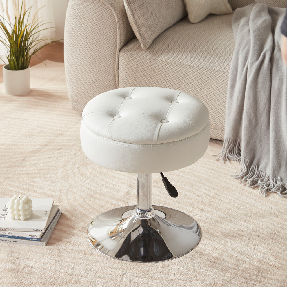 Storage Swivel PU Leather Vanity Stool, White With Removeable Tray