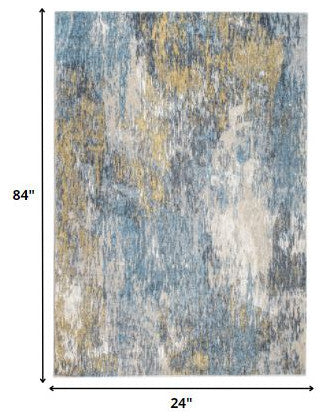 2"x7" Blue Gold Abstract Painting Modern Runner Rug