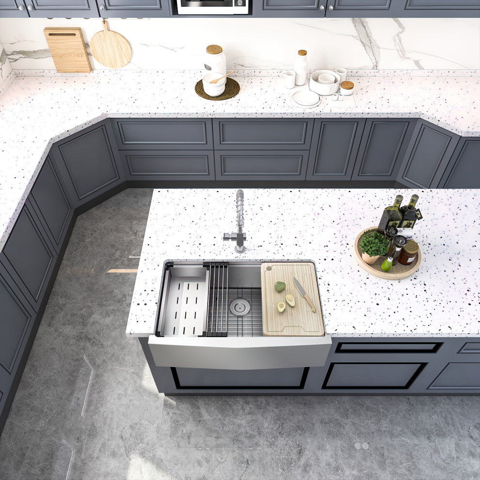 Sinber Single Bowl Kitchen Sink with 304 Stainless Steel Satin Finish, 33"x21" Workstation, Apron/Farmhouse