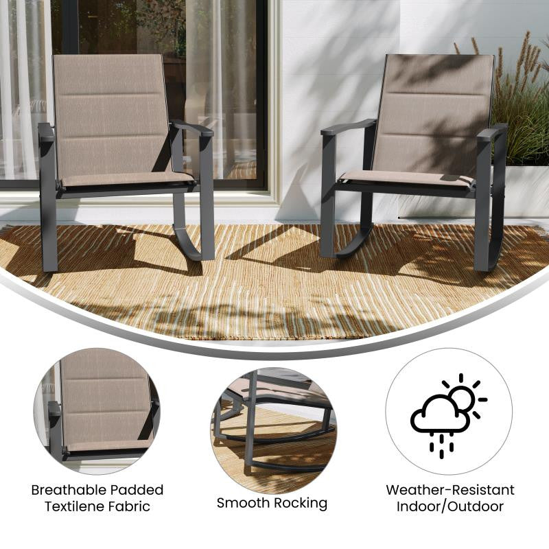 Set of 2 Outdoor Rocking Chairs with Flex Comfort Material and Metal Frame, Brown/Black