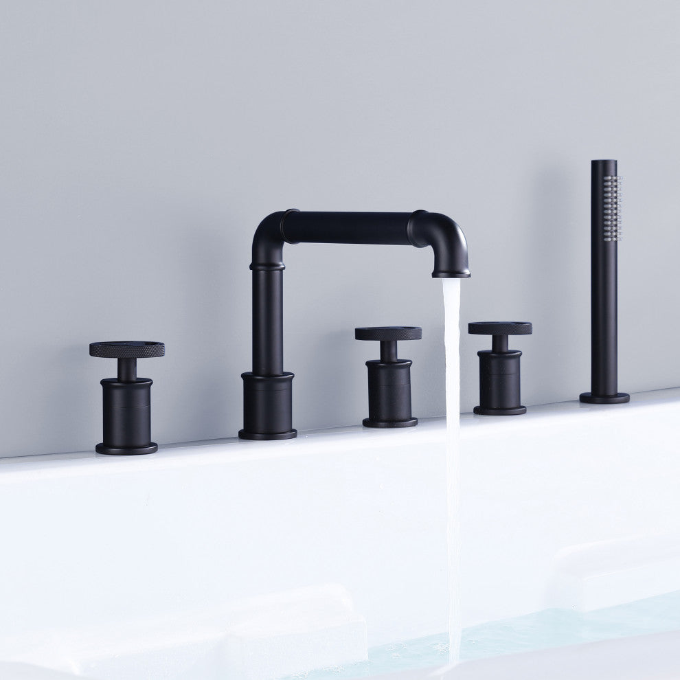 Modern 3-Handle Deck Mounted Roman Tub Faucet With Handshower, Matte Black