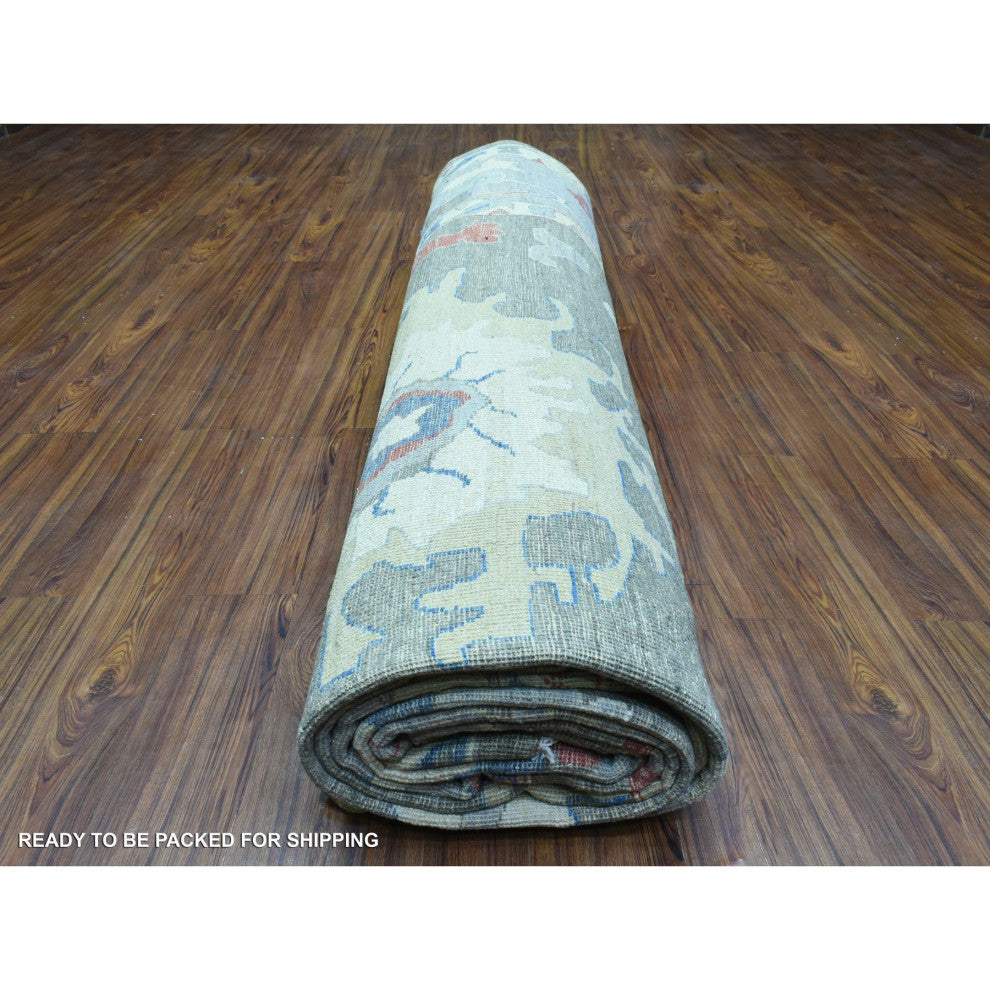 Taupe Hand Knotted Wool Afghan Angora Oushak Oversized Oriental Rug, 12'x17'6"