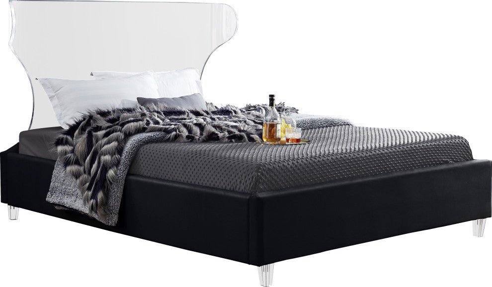 Ghost Velvet Upholstered Bed, Black, Queen
