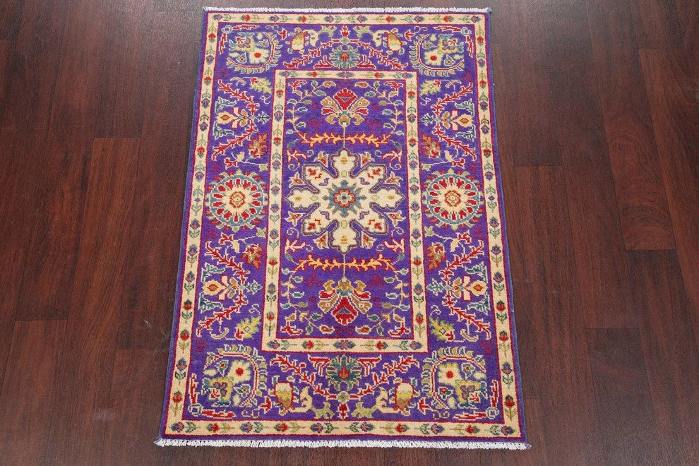 Pakistani Oriental Kazak Wool Hand-Knotted Area Rug, Purple, 3'11"X2'9"