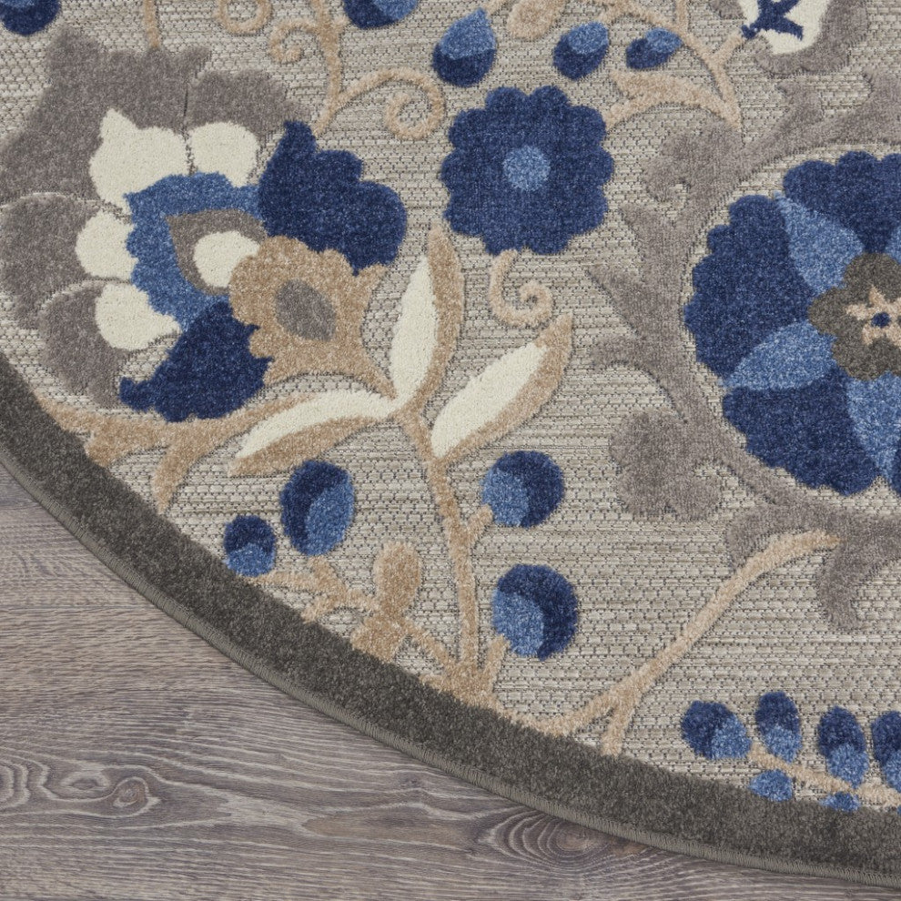 8 Round Natural and Blue Indoor Outdoor Area Rug