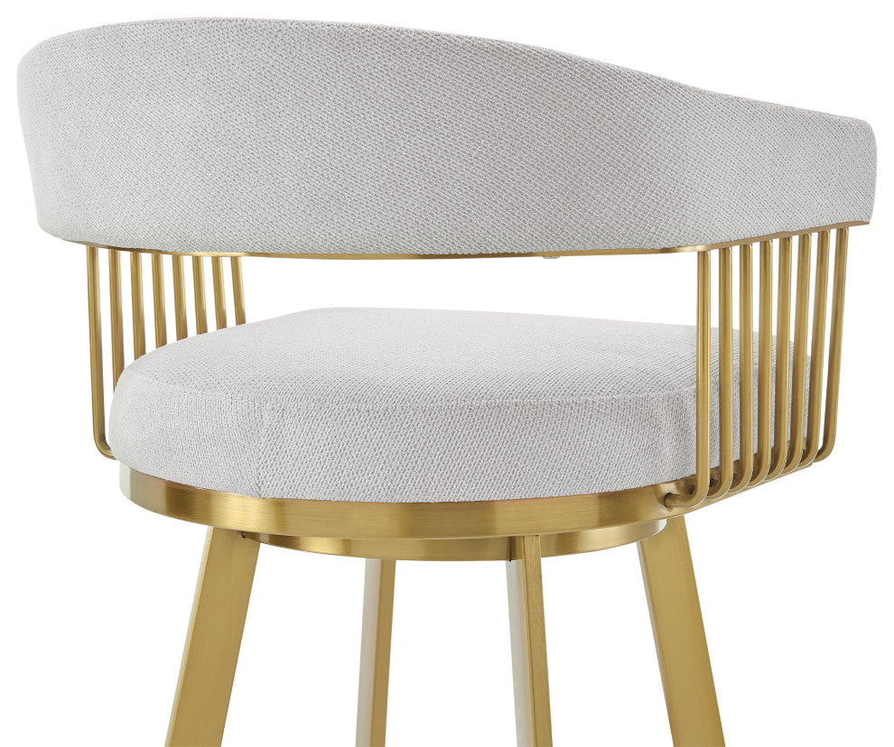 Chelsea Swivel Counter Stool, Gold Brushed Stainless Steel, Silver Fabric, 30"