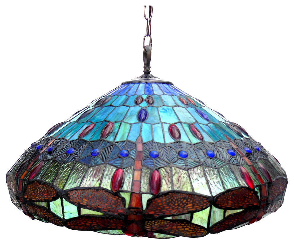 SCARLET, Tiffany-style 3 Light Dragonfly Hanging Pendant Lamp, 24" Shade