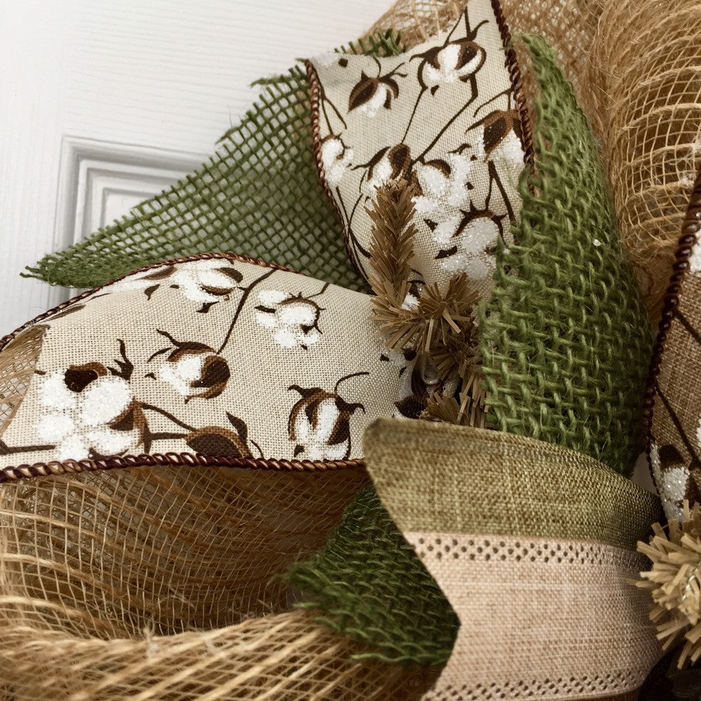 Handmade Deco Mesh Wreath, Cotton Blossom, Burlap