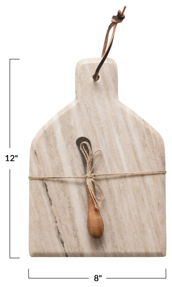 Marble Cheese and Cutting Board, Handle, Leather Tie and Canape Knife, Buff
