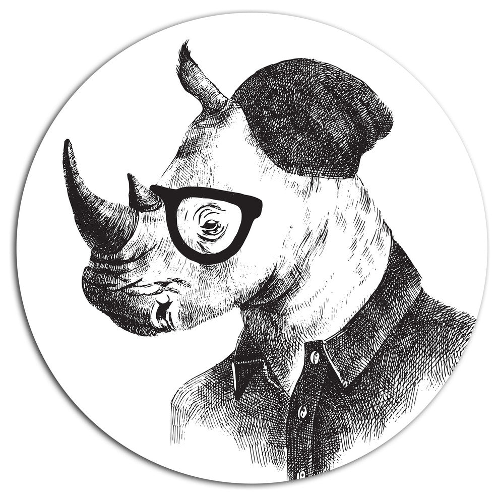 Hipster Rhino In Black And White, Animal Round Wall Art, 23"