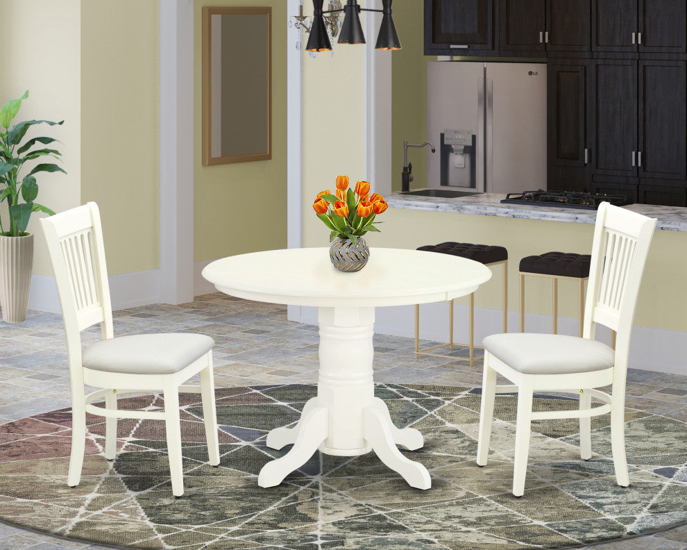 3Pc Dining Set 2 Chair, Dining Table Seat, Slatted Chair Back Linen White Finish