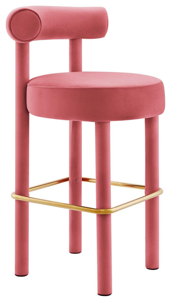 Toulouse Performance Velvet Bar Stool, Curved Round Bolster Kitchen Stool, Pink