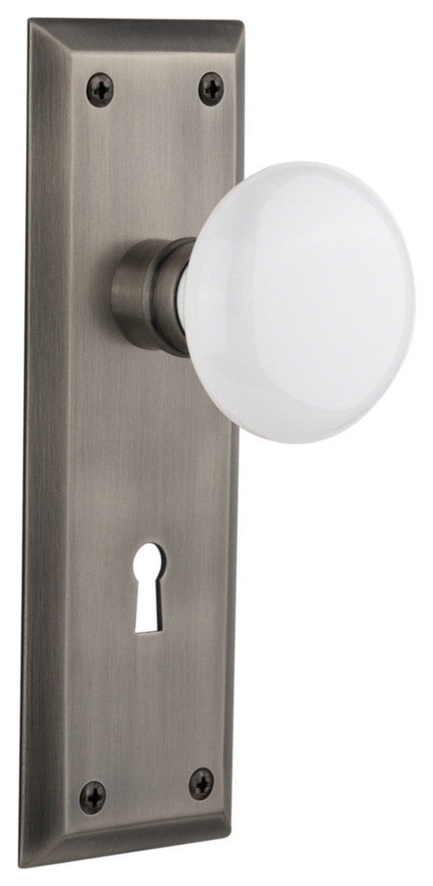 New York Plate Passage White Porcelain Knob, Antique Pewter