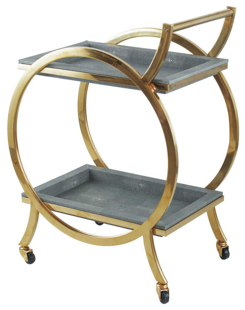 Benzara BM285193 34" Rolling Bar Cart, Steel Frame, Removable Trays Gray, Gold
