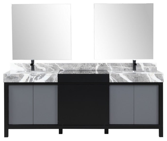 Zilara Black and Grey 84" Double Vanity Set, Cascata Nera Matte Black Faucet Set