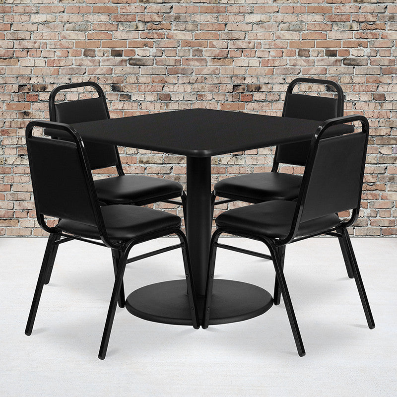 36" Round Walnut Laminate Table Set With 4 Ladder Back Chairs, Burgundy