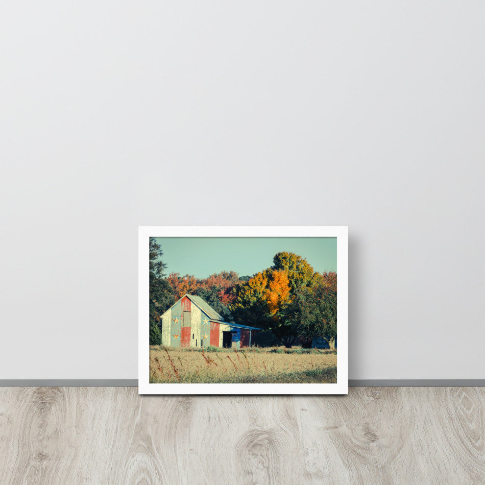 Patriotic Weathered Barn in Field Cross Processed Framed Photo Wall Art Prints, White, 11" X 14"