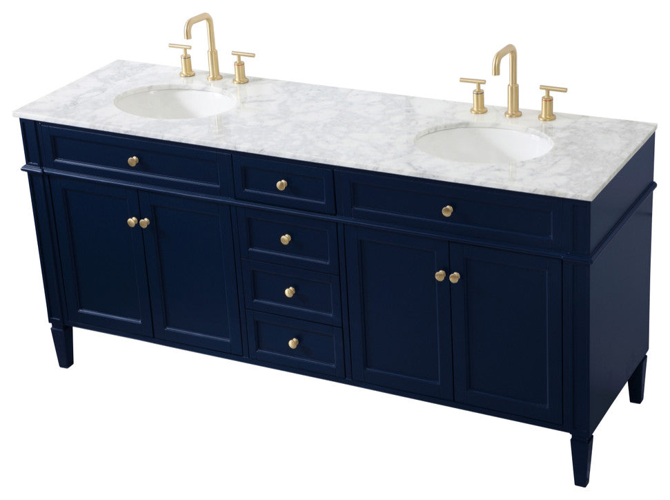 Home Living Vanity with Carrara White Marble Countertop, Blue, 72", Double Sink