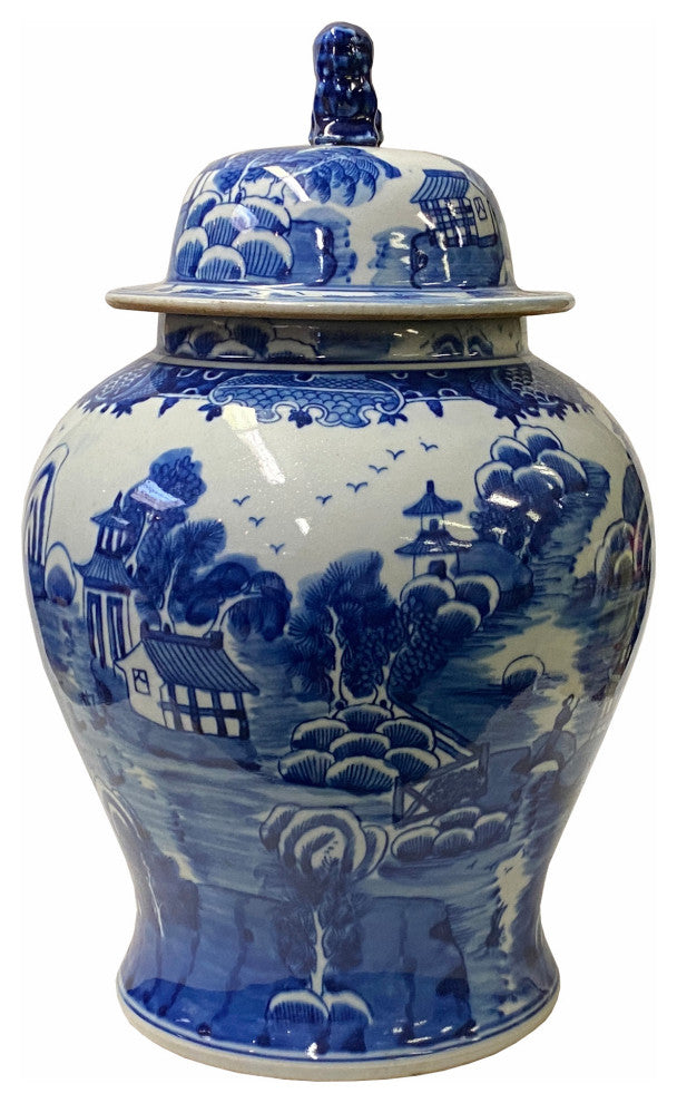 Chinese Blue White Porcelain Scenery Graphic General Temple Jar Hws1783