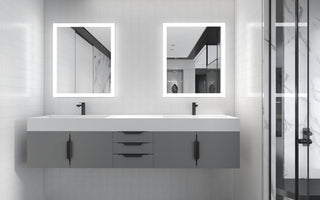 CastelloUSA Amazon 84" Wall Mounted Bathroom Vanity Set, Gray, White Top, Black Handles