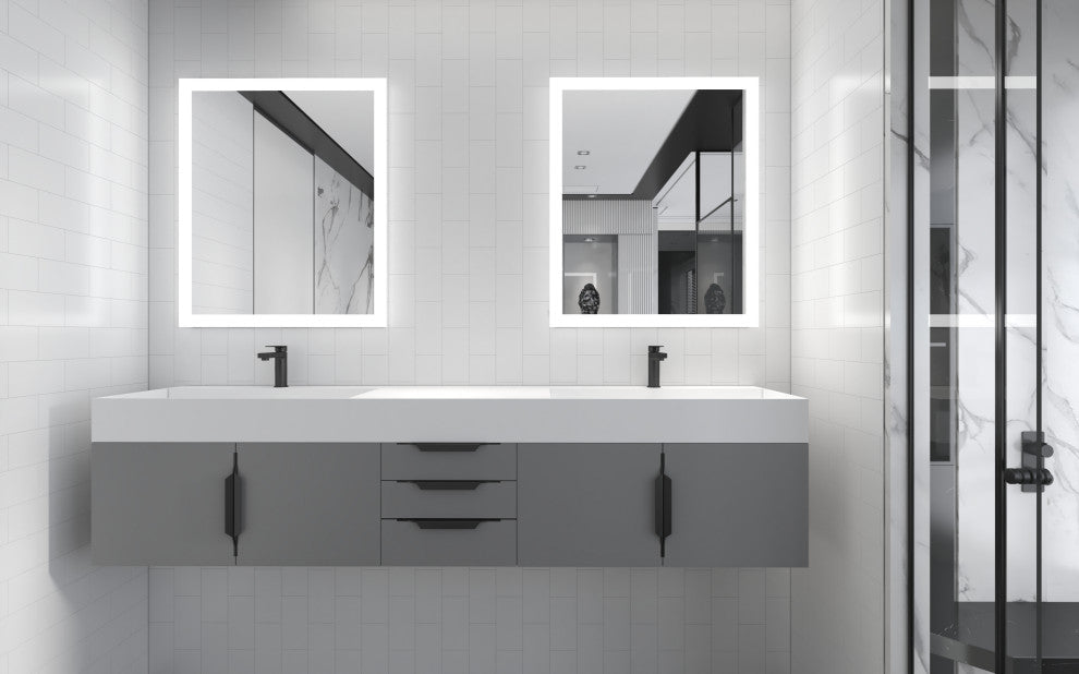 CastelloUSA Amazon 84" Wall Mounted Bathroom Vanity Set, Gray, White Top, Black Handles