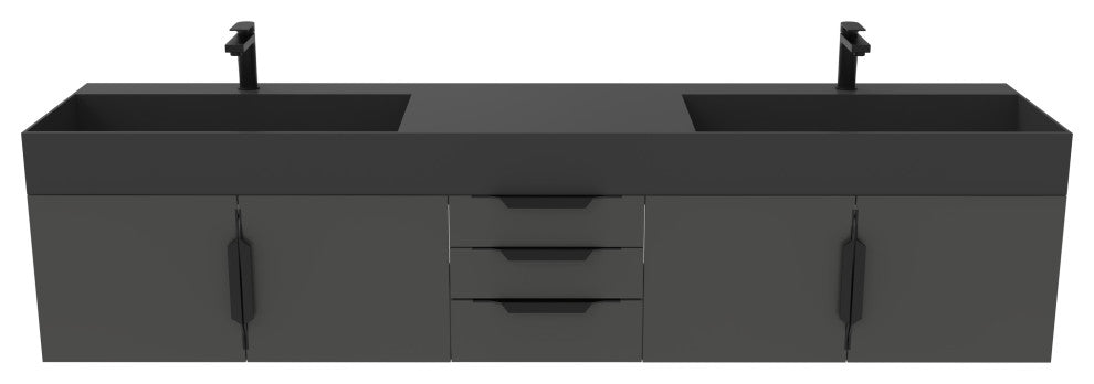 CastelloUSA Amazon 84" Wall Mounted Bathroom Vanity Set, Black, Black Top, Black Handles