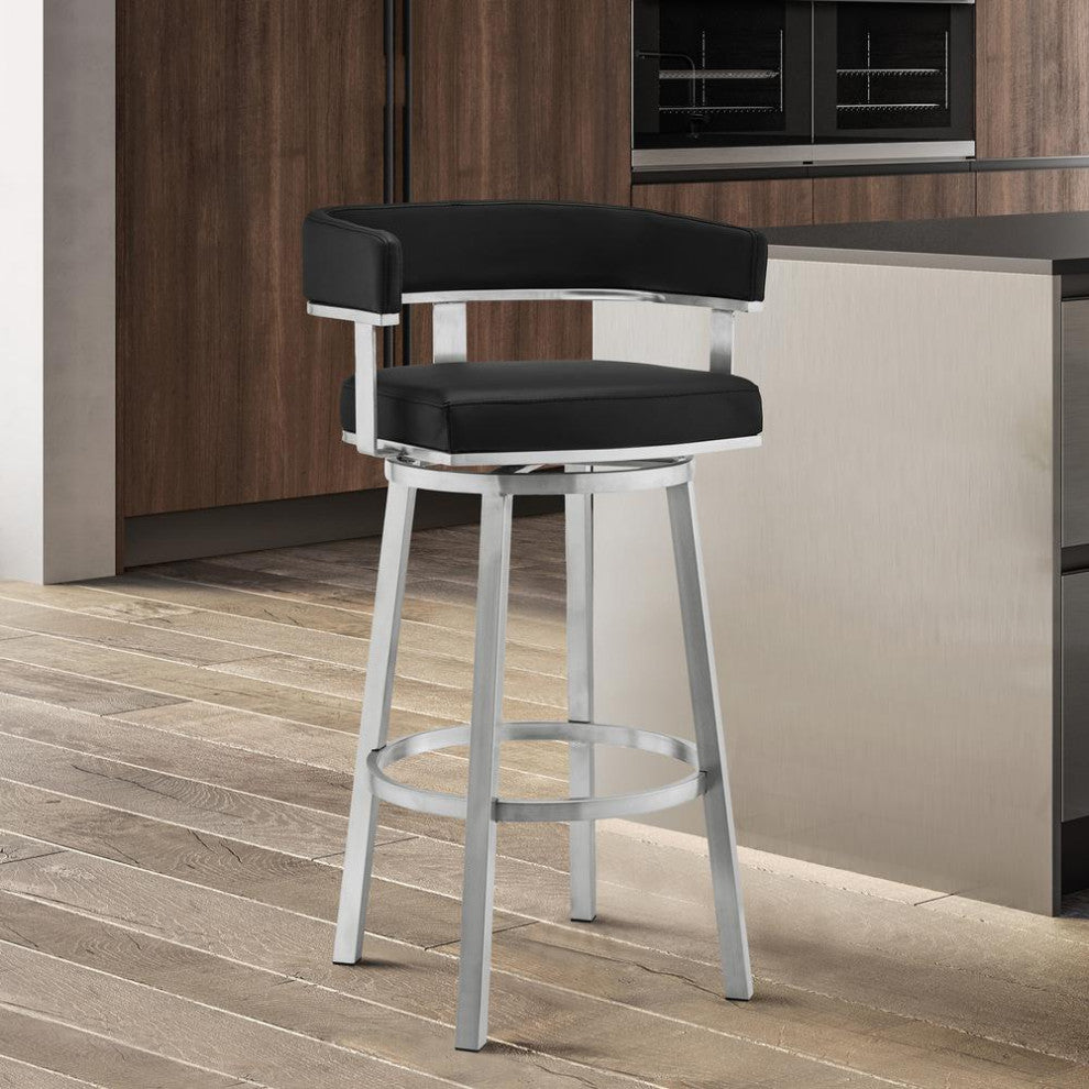 Lorin 26 Black Faux Leather and Brushed Stainless Steel Swivel Bar Stool