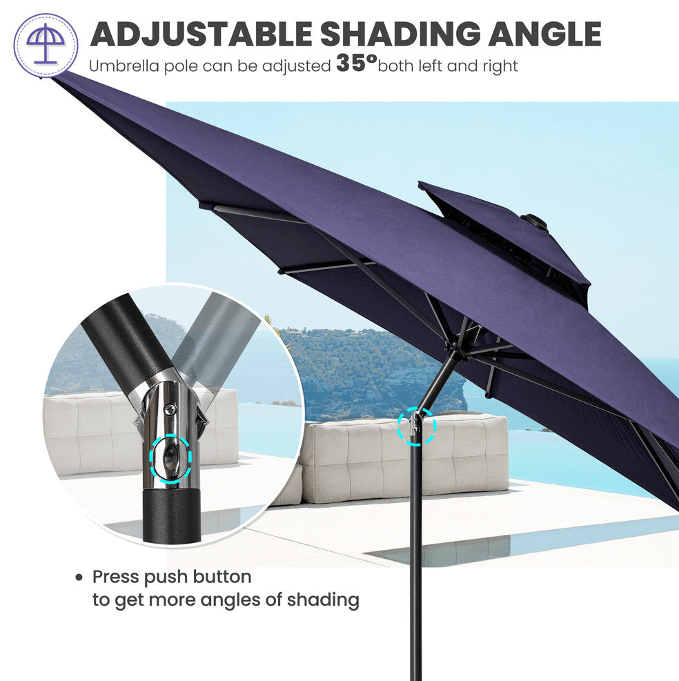10' Navy Polyester Rectangular Tilt Market Patio Umbrella With Stand