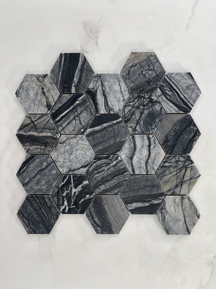 Silver Wave Black Forest Marble 3 Hexagon Wall Floor Mosaic Tile Honed, 1 sheet