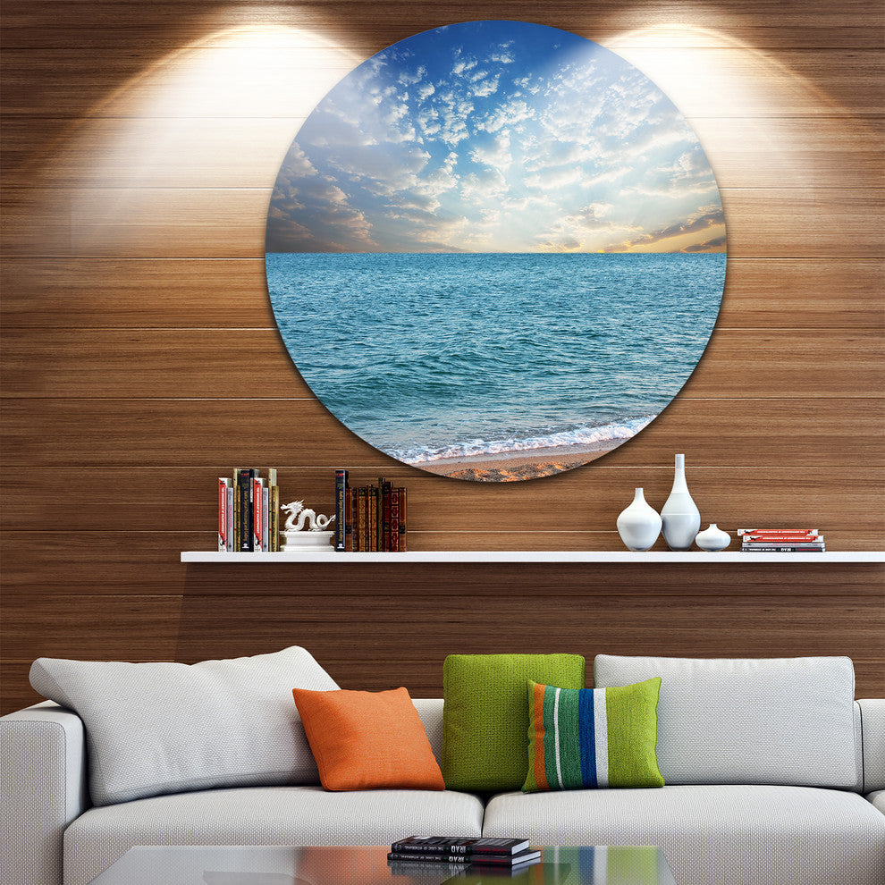 Fasting Moving Clouds Over Blue Beach, Modern Beach Round Wall Art, 11"