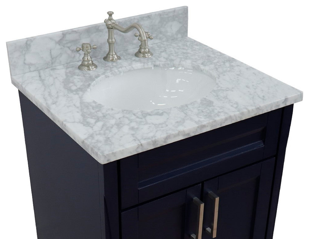 25" Single Sink Vanity, Blue Finish With White Carrara Marble And Oval Sink