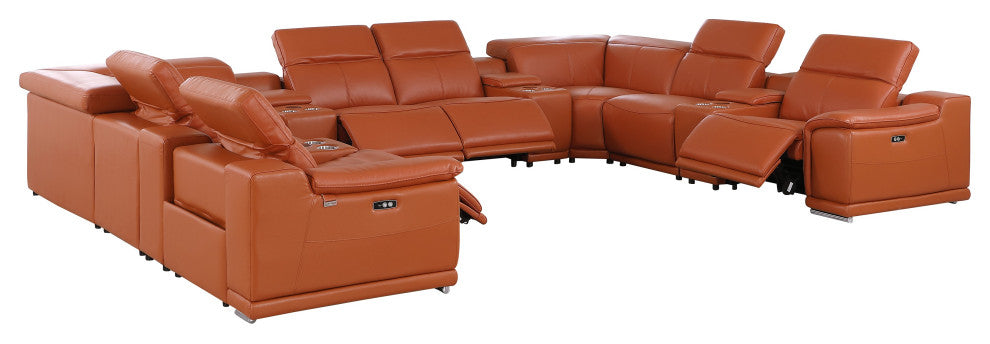 Federico 12-Piece Italian Leather U Sectional, 4 Power Recliners, Camel