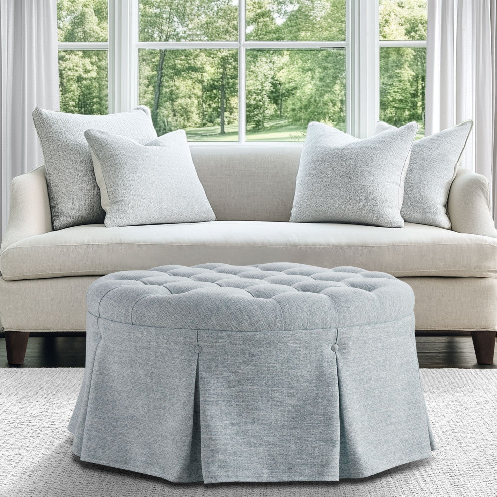 Martha Stewart Terri Skirted Tufted 32" Round Ottoman, Light Blue