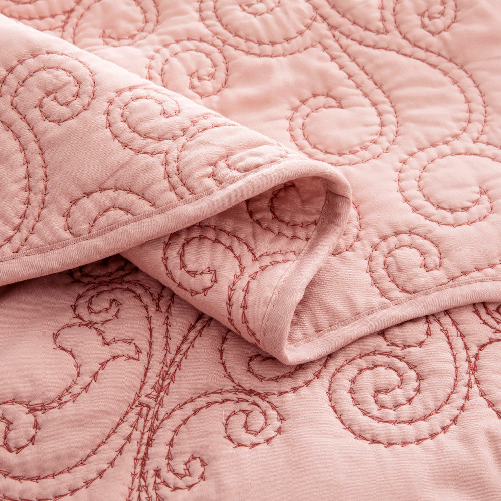 Damask Embroidered Quilted 4 Piece Bed Spread Sets, Dusty Pink, Queen