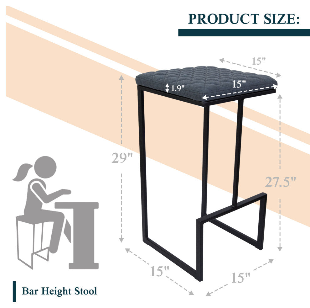 Quincy Square Barstool with Leather Seats and Metal Frame with Footrest, Peacock Blue