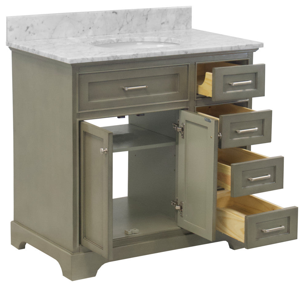 Aria 36" Bathroom Vanity, Weathered Gray, Carrara Marble
