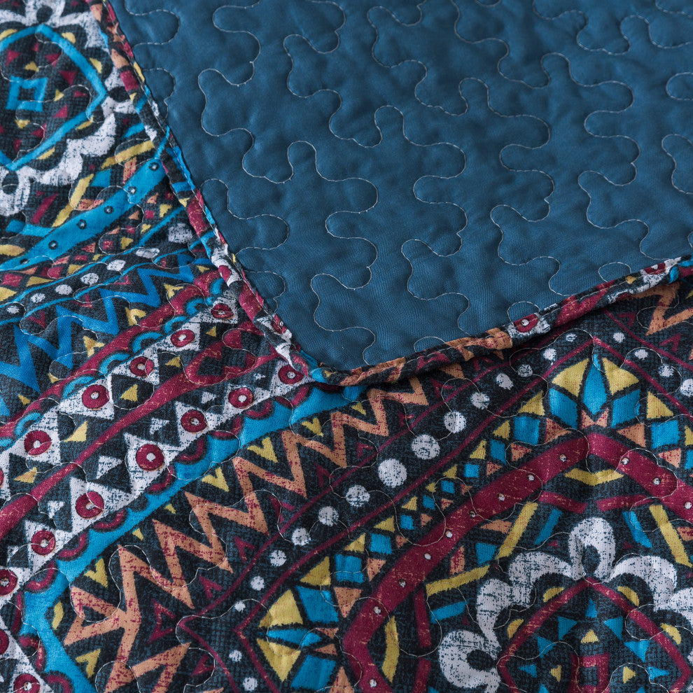 Bohemian Native Rustic Navy Blue Geometric Diamond Bedspread Set, Twin