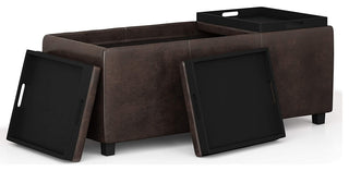 Modern Storage Ottoman, 3 Cushioned Flip Over Serving Trays, Distressed Brown