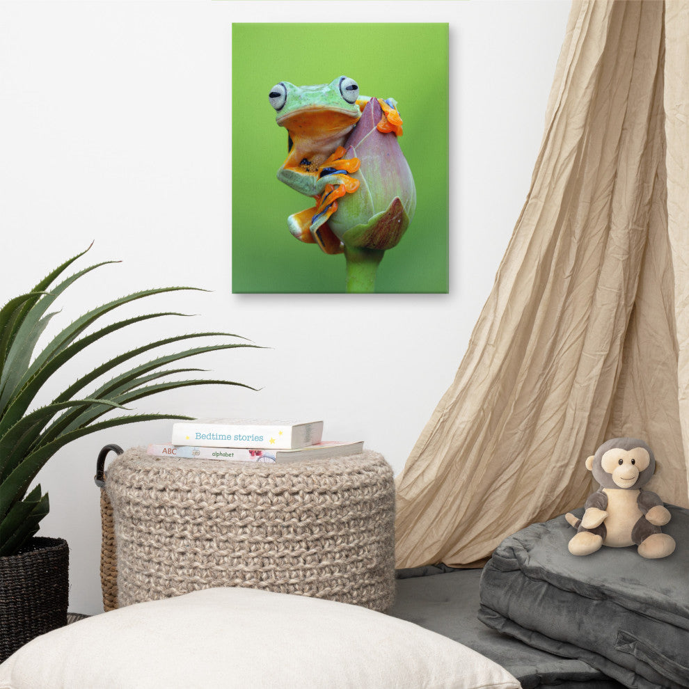 Tiny Green Tree Frog on Lotus Bloom Wildlife Floral Photo Canvas Wall Art Prints, 16" X 20"