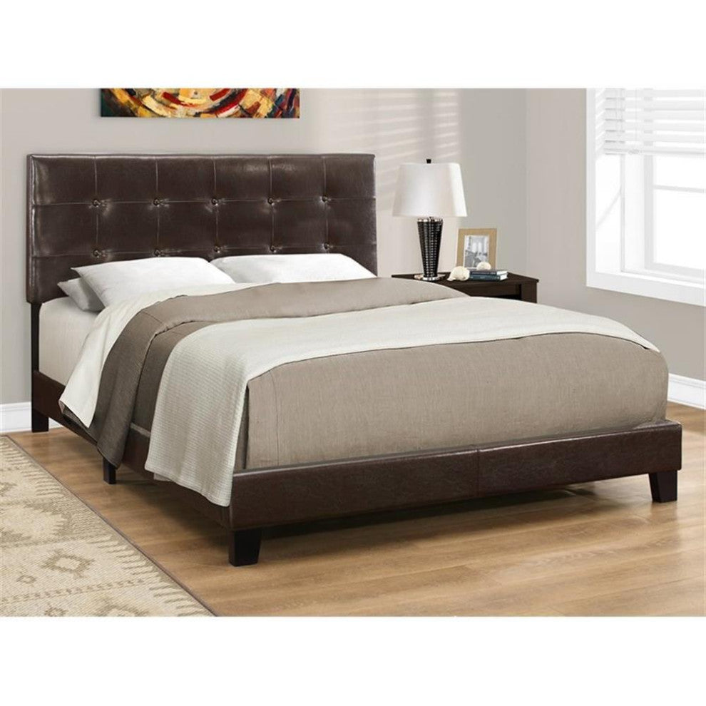 Bed Queen Size Platform Bedroom Frame Upholstered Pu Leather Look Brown