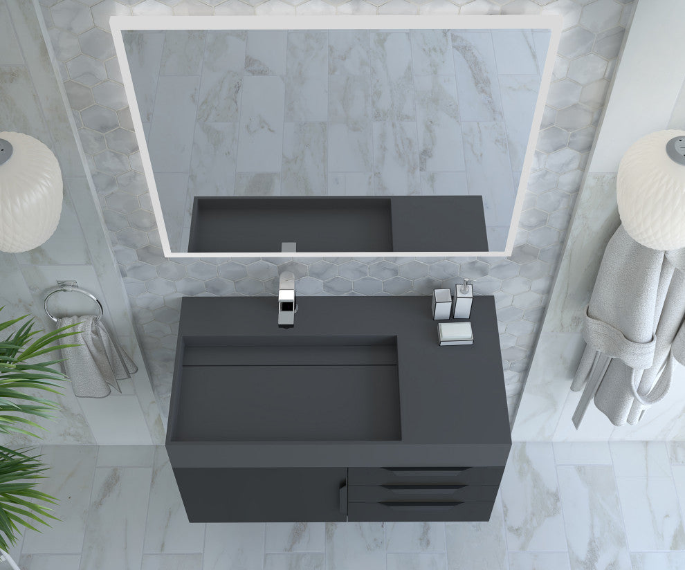 CastelloUSA Amazon 36" Wall Mount Vanity Set, Black, Gray Top, Black Handles