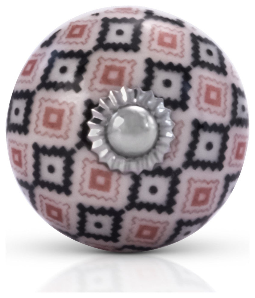 Mascot Hardware White Ceramic Knob with Pink and Black Geometric Pattern - PK 10
